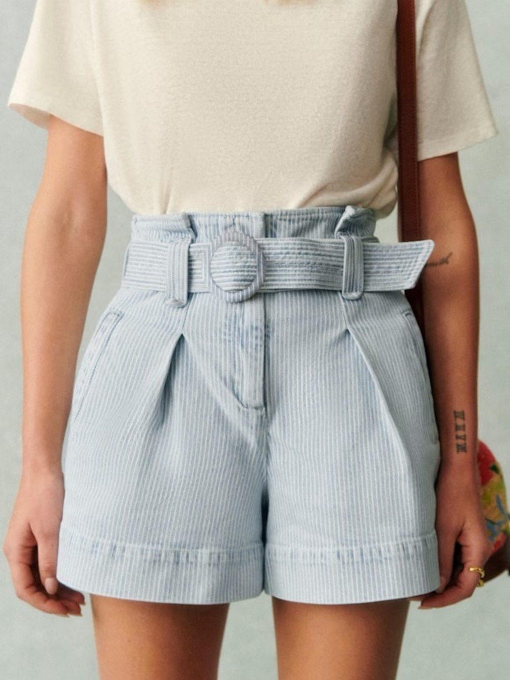 Sézane Rome High-Waist Light Blue & white stripe Paperbag Shorts with Belt